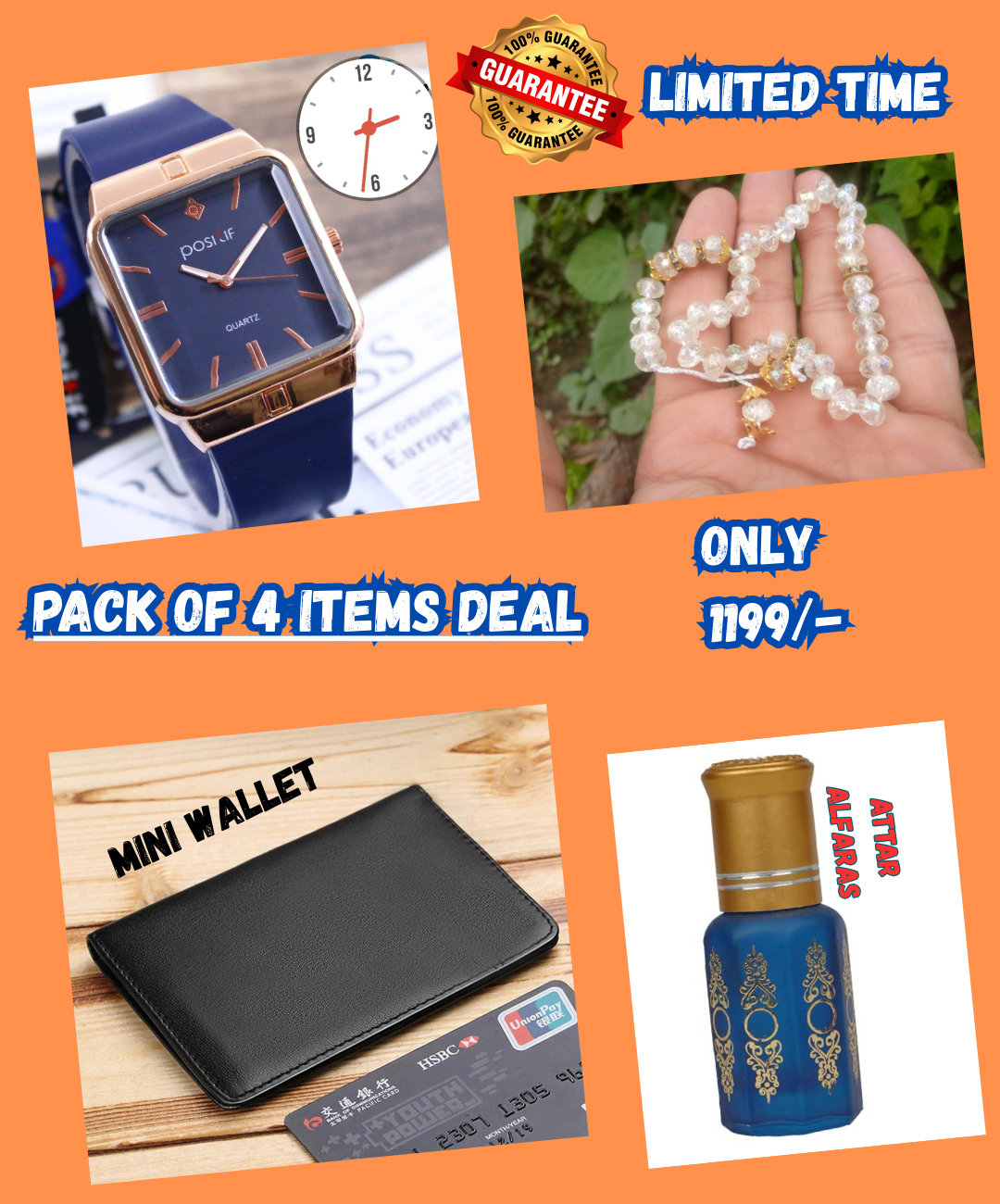 🕰️✨ Premium Gift Combo – Watch, Wallet, Attar & Tasbeeh (Pack of 4) | Perfect Gift for Men | Elegant Islamic Gift Set